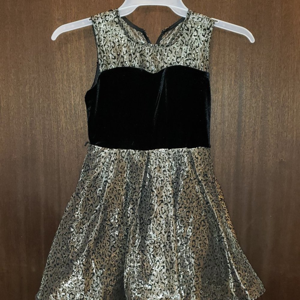 Girls Black velvety animal print party dress